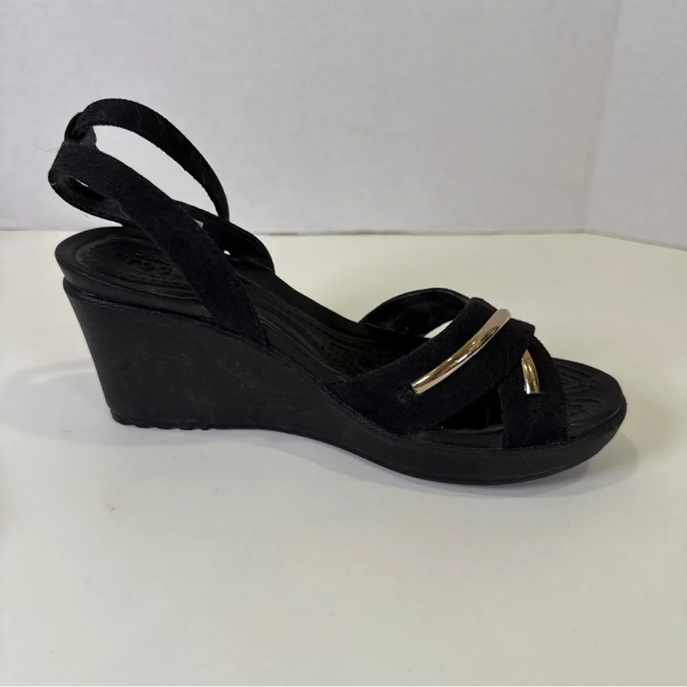 Crocs Women Size 6 Leigh II Metalblock Cross-Strap Ankle Wedge Sandals Black - Picture 5 of 11